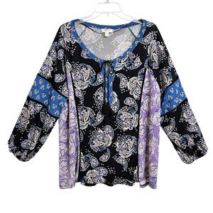 Style & Co Womens Boho Peasant Top 2X Multi Print Jersey Paisley Floral Tassels
